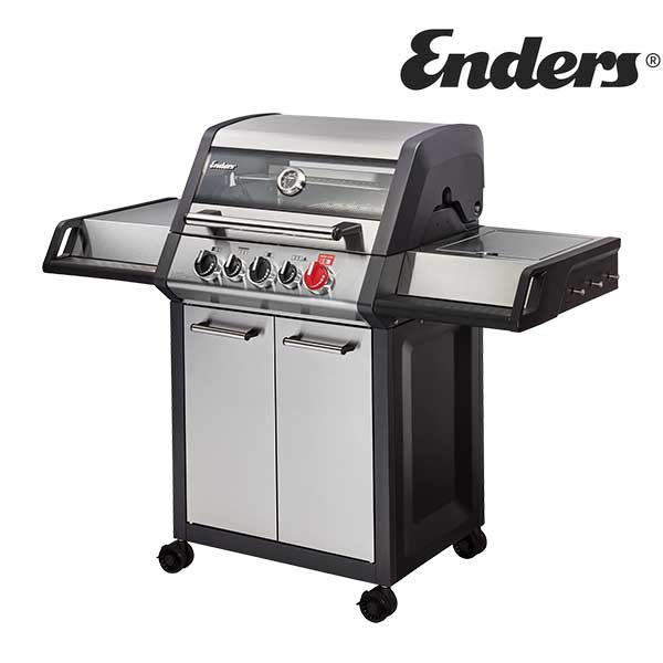 Gasgriller Enders Monroe Pro 3 SIK Turbo silber 3 Brenner, Seitenbrenner, Infrarotbrenner, emaillierter Gusseisen Grillrost, Deckelthermometer, Warmhalterost, herausnehmbarer Fettauffangschale und Seitenablage