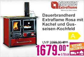 Dauerbrandherd Nordica Extraflame Rosa mit Kachel in bordeaux und Gusseisen-Kochfeld