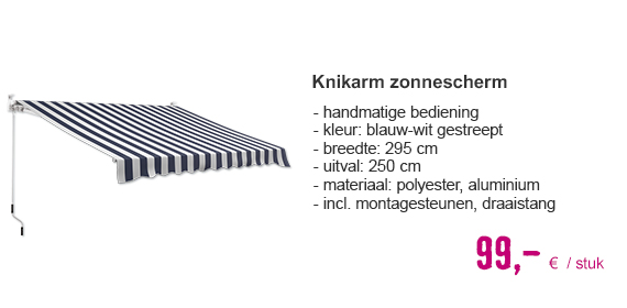 Knikarm zonnescherm blauw-wit gestreept breedte 300 cm uitval 250 cm