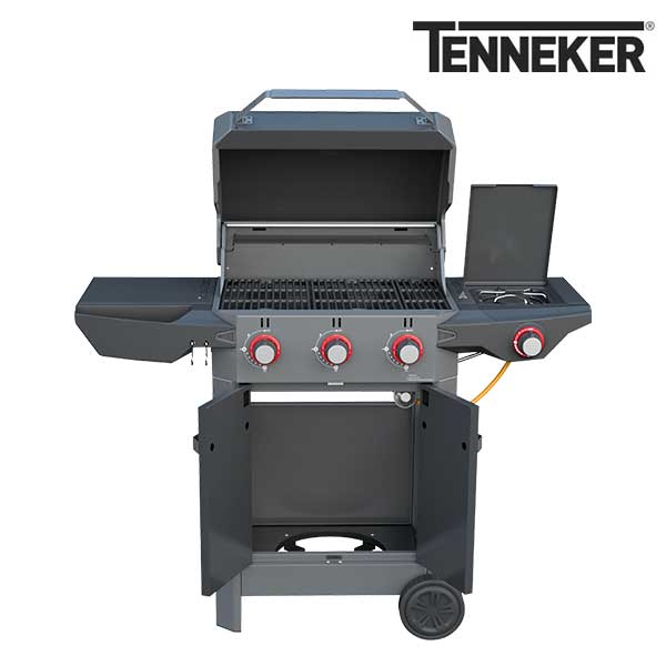 Gasgriller Tenneker®Carbon schwarz mit 3 Brenner, Seitenbrenner, Deckelthermometer, Warmhalterost, gusseiserner Rost, Plattform System Grillbesteckhalter und Fettauffangschale