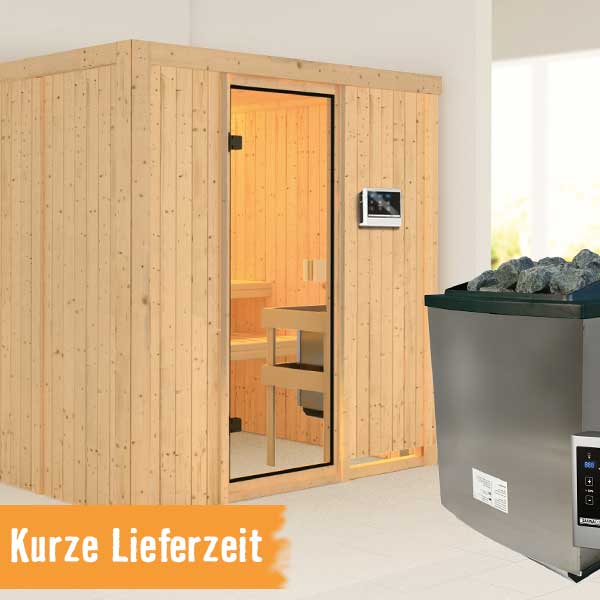 Elementsauna Karibu Benni inkl. 9 kW Ofen u.ext.Steuerung ohne Dachkranz mit bronzierte Ganzglastüre