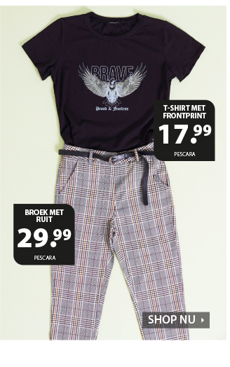 T-shirt met frontprint en broek met ruit, bekijk alle nieuw dames kleding bij terStal.