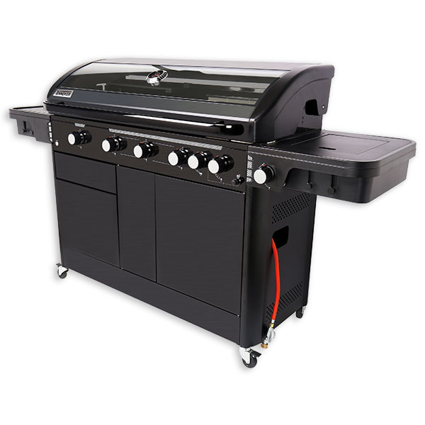 Tenneker® Gasgrill Halo TG 5 5-Brenner + Seitenbrenner und Rückbrenner, gusseiserner Rost, Platform System, Glaseinsatz im Deckel