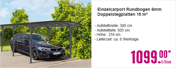 Einzelcarport Rundbogen 6mm Doppelstegplatten 15 m² 300x505 cm anthrazit