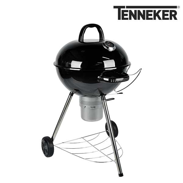 Hohlzkohlegriller Tenneker® Kugelgrill Black Moon schwarz mit Ø 58 cm Grillfläche, Deckelthermometer und abnehmbarem Aschekasten