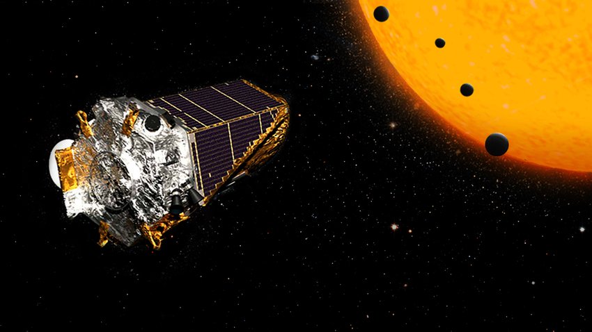  Diese Illustration der Nasa zeigt das Kepler-Weltraumteleskop – und das Prinzip, nach dem es Exoplaneten anhand von deren Schatten vor einer Sonne erkennt – also einem Stern, um den sie kreisen. © Nasa/JPL-Caltech 