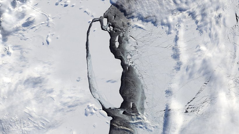 Eine Aufnahme durch Modis (Moderate-resolution Imaging Spectroradiometer) vom Nasa-Satelliten Terra aus zeigt den massiven Eisberg, der sich in der Antarktis vom Larsen-C-Schelfeis gelöst hat. © Jesse ALlen/NASA/dpa 