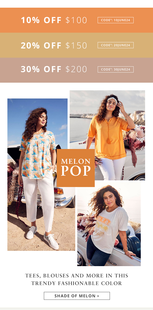 Melon pop. Tees, blouses and more in this trendy fashionable color.