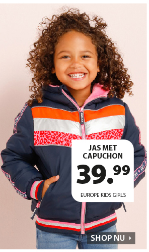 Stoere winterjas voor meisjes in blauwe kleur en met opvallende accentkleuren. Deze jas is gewatteerd en heeft een doorgestitk patroon.