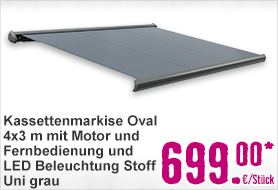 Kassettenmarkise Oval 4x3 m mit Motor und Fernbedienung und LED Beleuchtung Stoff Uni grau