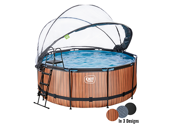 Aufstellpool Framepool-Set EXIT WoodPool rund Ø 360x122 cm inkl. Sandfilteranlage, Abdeckung & Leiter Holzoptik