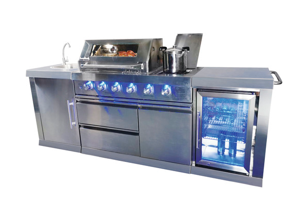 Buschbeck Gasgrill Outdoorküche Oxford mit 4 Brennern Seitenbrenner Edelstahlrost, Spülbecken mit Armatur und Kühlschrank