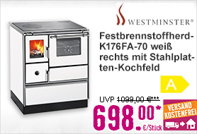 Festbrennstoffherd Westminster K176FA-70 weiß Backofen rechts mit Stahlplatten-Kochfeld