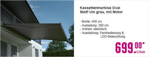 Kassettenmarkise Oval 4x3 m mit Motor und Fernbedienung und LED Beleuchtung Stoff Uni grau