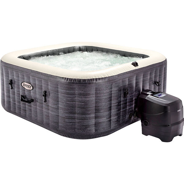 Aufblasbarer Whirlpool Intex Pure Spa Greystone Deluxe Square mit integrierte QuickFill™ Inflation System, Salzwasser- und Kalkschutzsystem, 170 Sprudeldüsen, Premium-Kopfstützen und LED-Beleuchtung grau