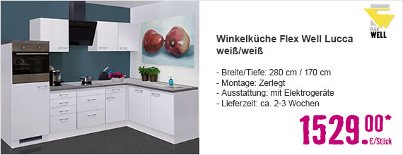 Winkelküche Flex Well Lucca weiß/weiß 280x170 cm inkl. Einbaugeräte