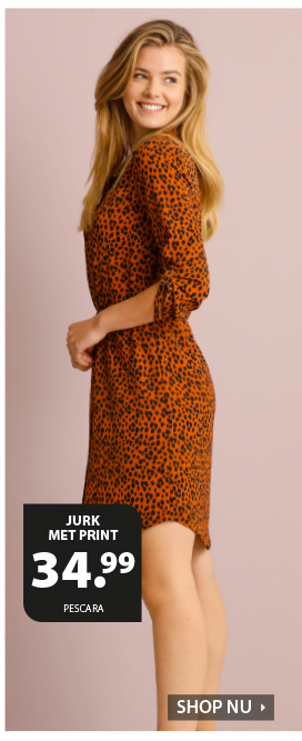 Casual en stoer met deze mooie dames jurk. De jurk is verfraaid met een allover animalprint en heeft een knoopsluiting. Het item heeft een klein kraagje en een ceintuur rondom de taille zodat deze mooie geaccentueerd wordt. De mouwen kunnen worden omgeslagen en vastgezet met een gespje.