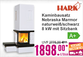 Kaminbausatz Hark Nebraska Marmor naturweiß/schwarz 8 kW mit Sitzbank links