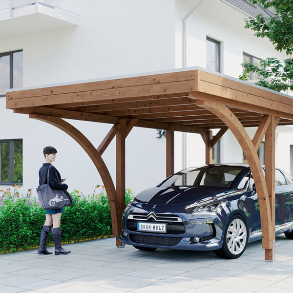 Einzelcarport SKAN HOLZ Friesland mit 2 Einfahrtsbögen und Pfostenankern 314x555 cm nussbaum