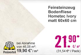 Feinsteinzeug Bodenfliese Hometec Ivory matt 60x60 cm