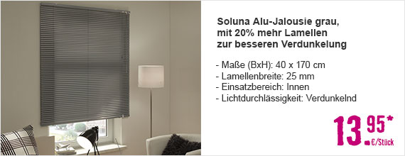 Soluna Alu-Jalousie 40 x 170 cm grau, mit 20% mehr Lamellen zur besseren Verdunkelung