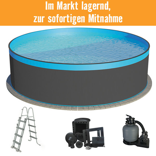 Aufstellpool Stahlwandpool-Set Planet Pool rund Ø 450x120 cm inkl. Sandfilteranlage, Leiter & Skimmer anthrazit mit Overlap-Folie blau