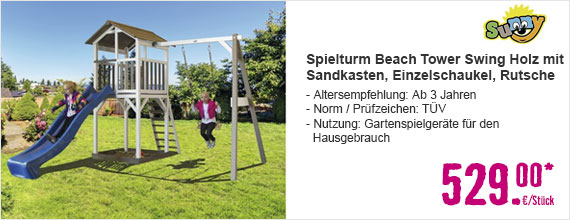 Spielturm Beach Tower Swing Holz mit Sandkasten, Einzelschaukel, Rutsche blau