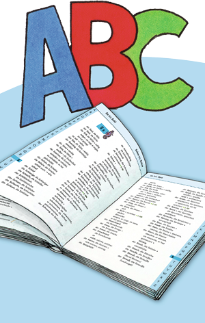 Aufgeschlagenes Wörterbuch, darüber der bunte Schriftzug ABC