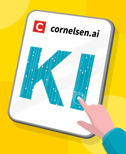 Illustration von einem Tablet mit der Aufschrift "KI", auf die eine Hanz zeigt