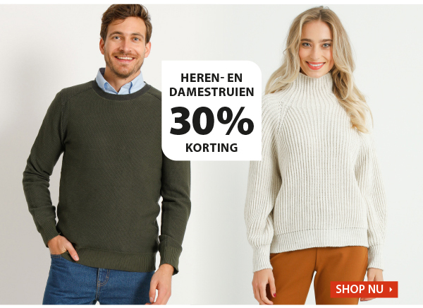 Alle heren en dames truien 30% korting