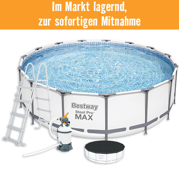  Aufstellpool Framepool-Set Bestway Steel Pro MAX™ rund Ø 457x122 cm inkl. Sandfilteranlage, Leiter & Abdeckplane hellgrau