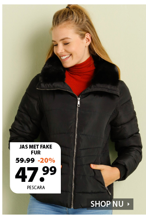 Heerlijke winterjas voor dames, gewatteerd en doorgestikt. Deze jas heeft een ritssluiting, ritszakken en een dubbele staande kraag met fake fur. Leuk detail is de capuchon die in de kraag zit, handig wanneer het regent.