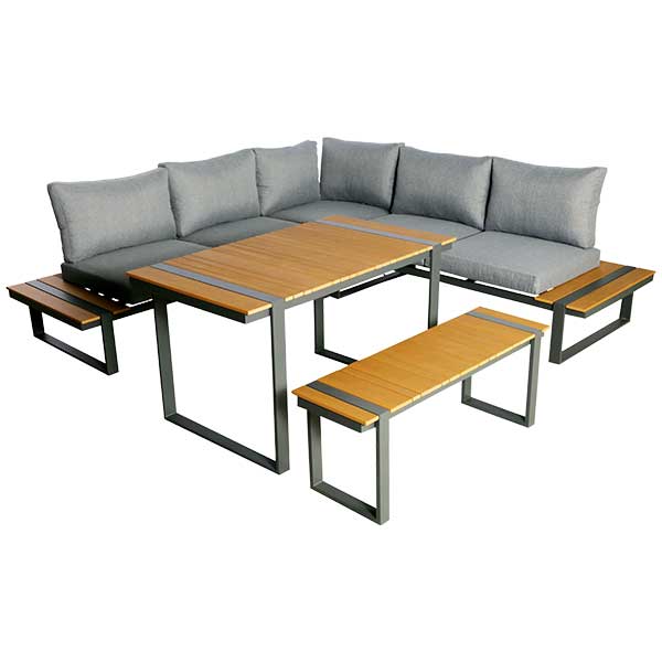 Loungeset Garden Place Alu 237 x 237 cm 7-Sitzer 3 tlg. inkl. Tisch 123 x 70 x 69 cm in Holzoptik inkl. Sitzkissen hellgrau