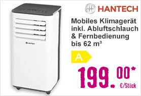 Mobiles Klimagerät Hantech 12000 inkl. Abluftschlauch & Fernbedienung bis 84 m³ Raumgröße, weiß