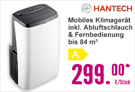 Mobiles Klimagerät Hantech 12000 inkl. Abluftschlauch & Fernbedienung bis 84 m³ Raumgröße, weiß