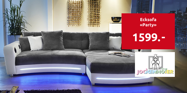 Ecksofa «Party» weiss/grau, mit Beleuchtungsleiste und Soundsystem