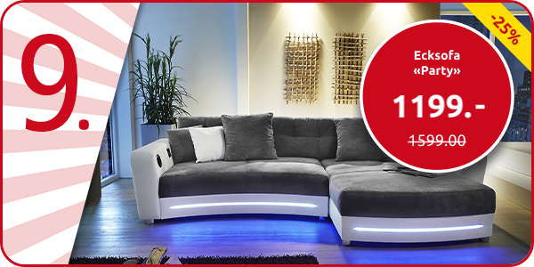 Ecksofa «Party» weiss/grau, mit Beleuchtungsleiste und Soundsystem