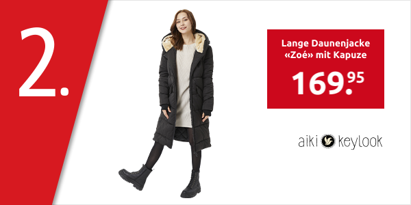 Lange Daunenjacke «Zoé» mit Kapuze, schwarz