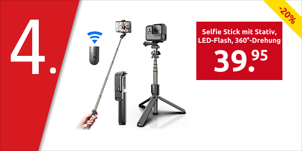 Selfie Stick mit Stativ, LED-Flash, 360°-Drehung