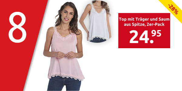 Top mit Träger und Saum aus Spitze, 2er-Pack, weiss + rosa