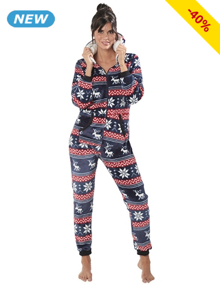 Fleece-Overall mit Wintermotiven, blau/weiss