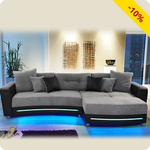 Ecksofa «Party» mit Beleuchtungsleiste und Soundsystem, schwarz/grau