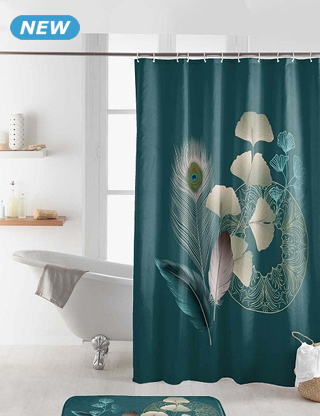 Duschvorhang «Gingkoblue», 180 x 200 cm, petrol, mit goldenem Muster