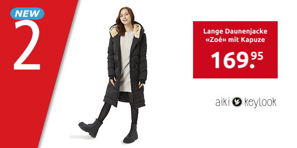 Lange Daunenjacke «Zoé» mit Kapuze, schwarz