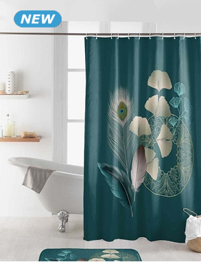 Duschvorhang «Gingkoblue», 180 x 200 cm, petrol, mit goldenem Muster
