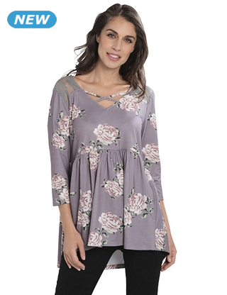 Top mit Blumenmuster, Spitze und Rüschen, grau