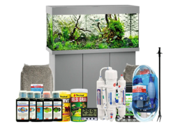 Aquariumkombination JUWEL Rio 180 SBX mit LED-Beleuchtung, Heizer, Filter und Unterschrank grau inkl. Starterset mit Osmoseanlage, Easy Life Pflegemittel Set, Tropical Futter, Kies, Deponit Mix, Digitalthermometer, Mulmsauger, Pflanzenzange