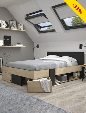 Bett «Swel», mit Stauraum, 160 x 200 cm, Dekor eiche/schwarz