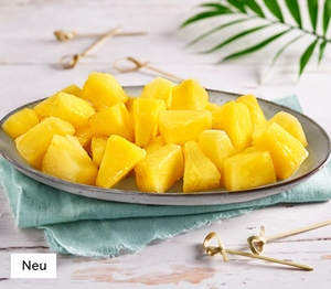 Exotik pur: aromatische Ananaswürfel – extra süß, herrlich saftig und bereits fertig geschält und in Würfel geschnitten. Einfach auftauen und direkt genießen! Jetzt entdecken.