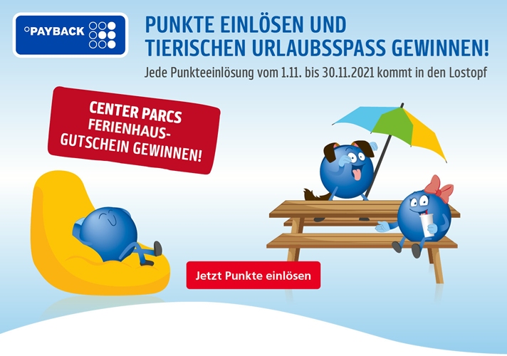 Center Parcs Reise-Gutschein zu gewinnen - Vom 01.10. bis 25.10. Punkte einlösen und mit etwas Glück gewinnen.